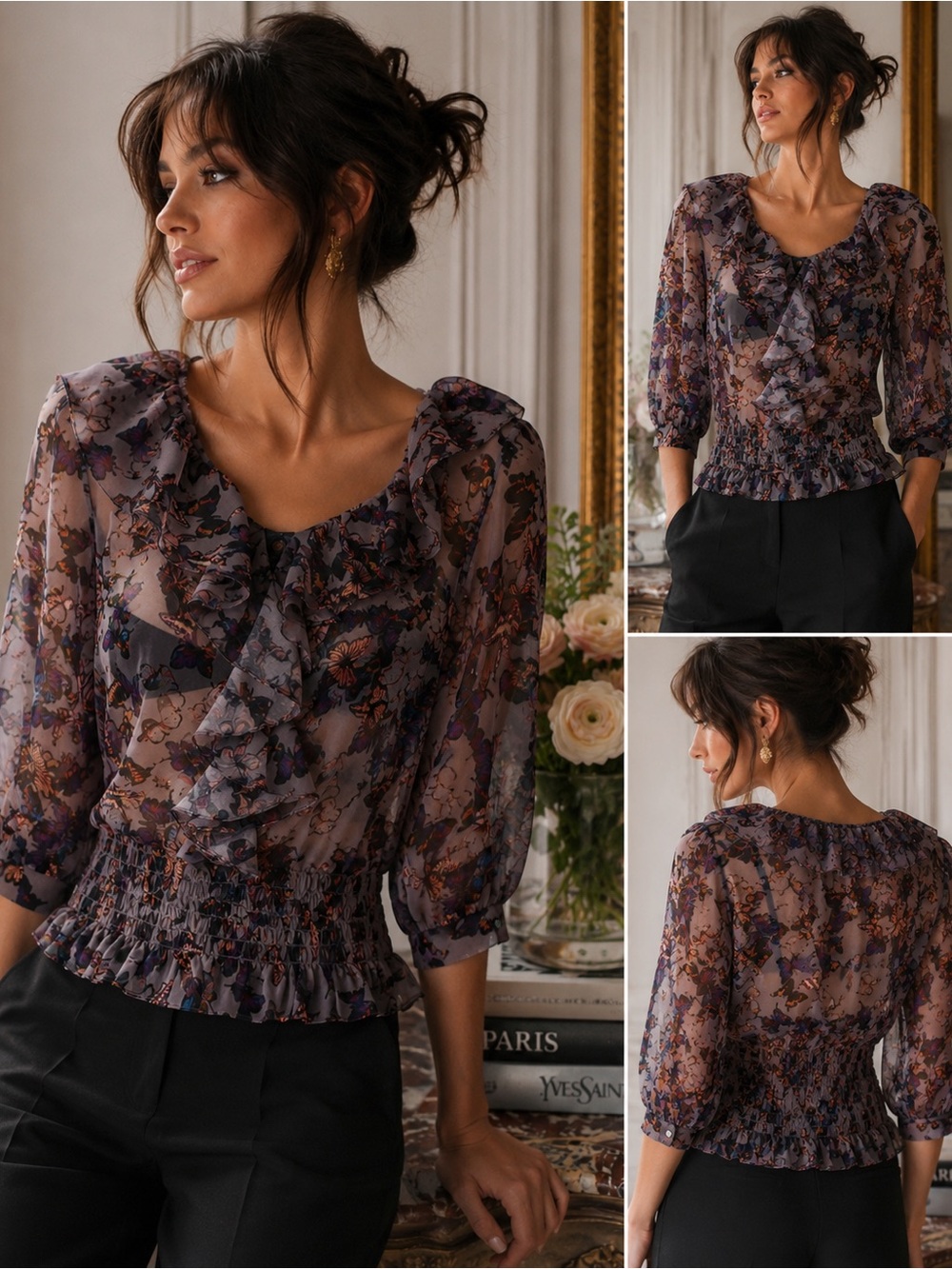 Ted Baker Butterfly Ruffle Chiffon Smocked Blouse Whimsical Balletcore Size 1